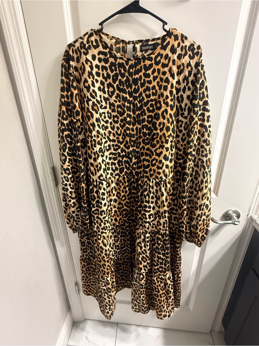 Boohoo Leopard Print Tiered Midi Dress in Brown and Black